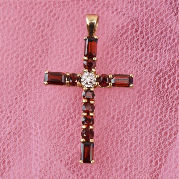 Garnet and diamond cross pendant solid 10K gold - Picture 3 of 12
